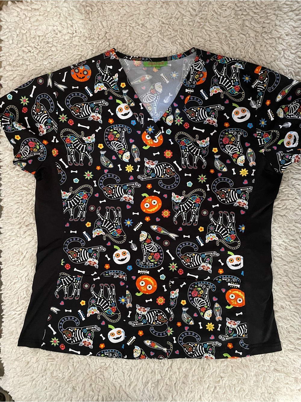Day Of The Dead Cat Print Scrub Top